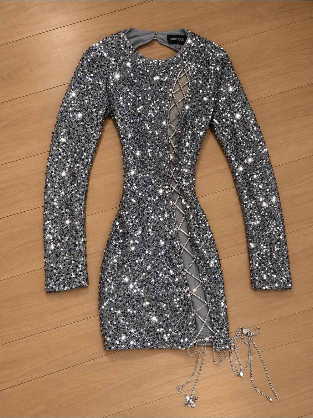 Silver Sequin Long-Sleeve Lace-Up Mini Dress